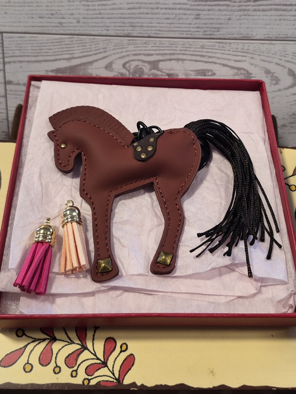 Leather Horse Keychain Bag Charm in Burgundy rose